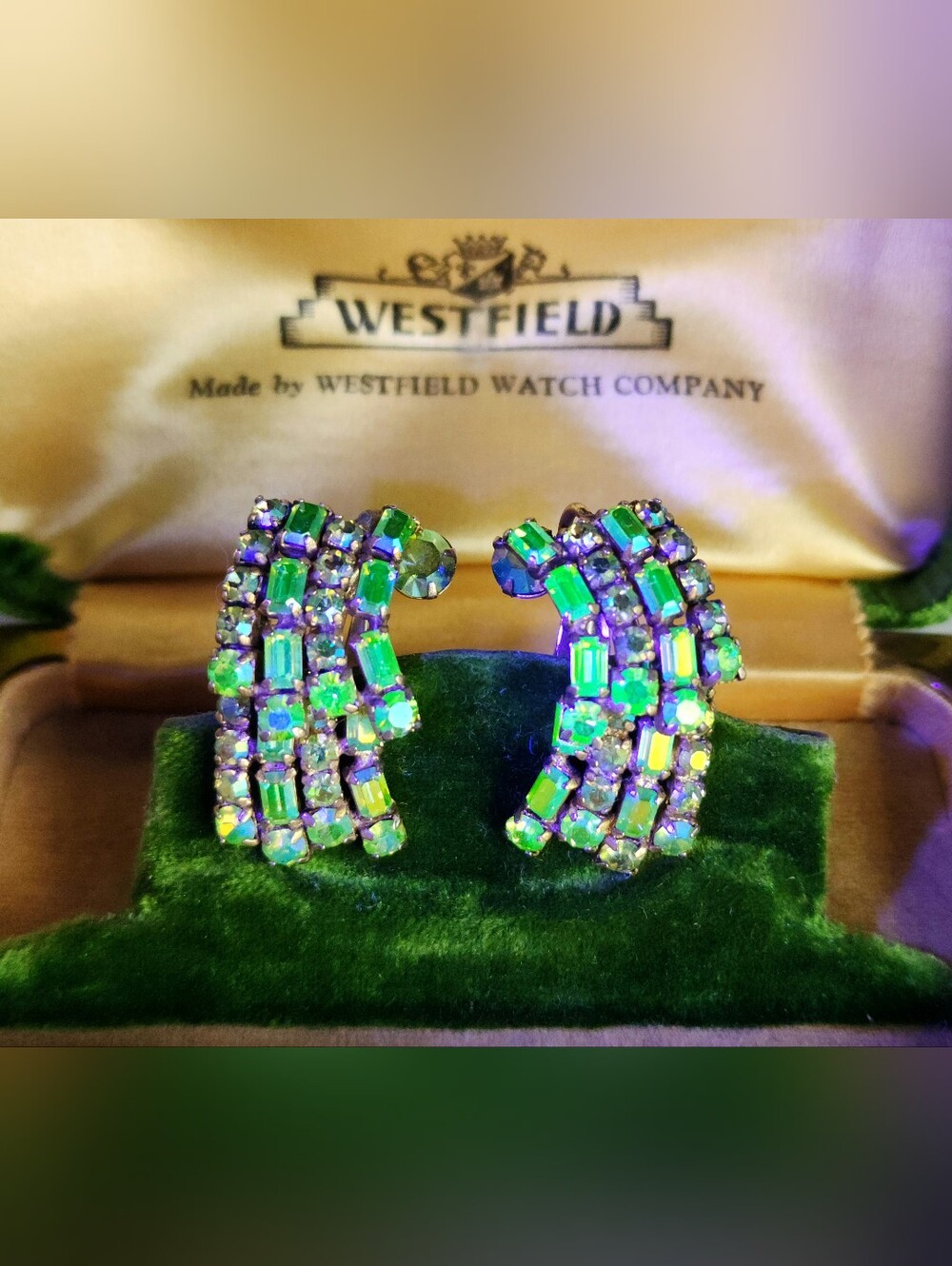 Vtg Sherman signed clip-on earrings Green Rhinestone Peridot